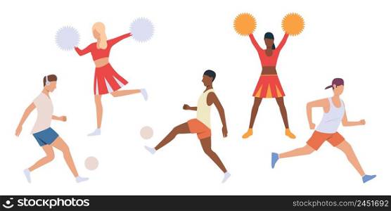 Set of players and cheerleaders. Men running with balls, girls dancing with pompoms. Vector illustration can be used for competition, promo, sport, team spirit . Set of players and cheerleaders