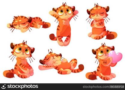 Set of plush tigers, baby toy, cute animal cub character, funny mascot with kawaii muzzle sleep on back, holding heart, sitting and lying. Cartoon wild kitten with orange striped skin, Vector icons. Set of plush tigers, baby toy, cute animal cub
