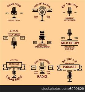 Set of podcast, radio emblems with microphone. Design element for logo, label, sign, badge, poster. Vector illustration