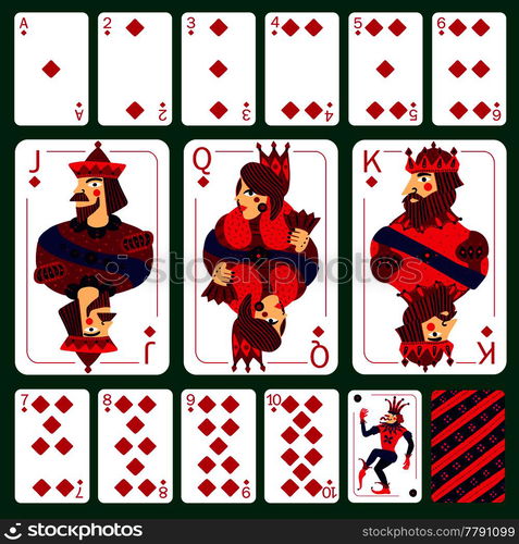 Set of poker playing cards of diamond suit plus joker and playing card back on green background isolated vector illustration . Poker Playing Cards Diamond Suit Set