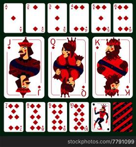 Set of poker playing cards of diamond suit plus joker and playing card back on green background isolated vector illustration . Poker Playing Cards Diamond Suit Set