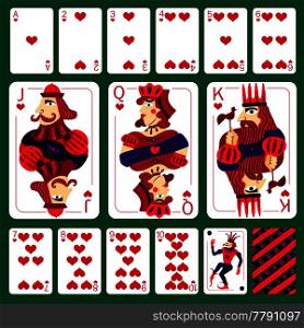 Set of poker playing cards of heart suit and joker laid out on green table isolated vector illustration . Poker Playing Cards Heart Suit Set