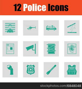 Set of police icons. Green on gray design. Vector illustration.
