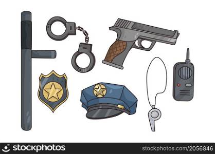 Set of police kit or equipment for catching criminals. Colorful collection of policeman or security tools. Gun, badge and handcuffs for officer. Flat vector illustration. . Collection of police office equipment and garment