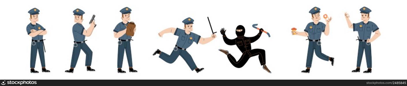 Set of police officer lifestyle, cop at work. Policeman in uniform issue a fine, chase bandit, use gun and eat donut on duty. City patrol constable fight with criminal Linear flat vector illustration. Set of police officer lifestyle, cop man at work