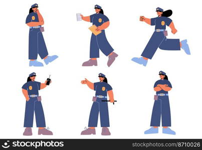 Set of police woman officer, female cop at work. Policewoman wear uniform issue a fine, run, use walkie-talkie on duty. Girl city patrol constable fight with criminal Linear flat vector illustration. Set of police woman officer, female cop at work