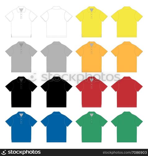 Set of polo t-shirt design template. Front and back vector. Technical sketch unisex polo t shirt. White, gray, black, blue, yellow, red, green colors. Vector illustration. Set of polo t-shirt design template. Technical sketch unisex polo t shirt