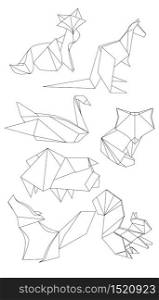 Set of polygonal contour animals. Black and white vector elements for your design. Set of polygonal contour animals