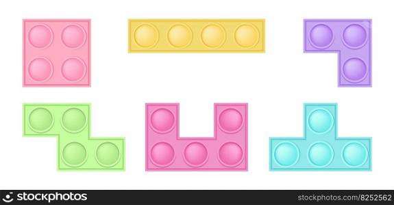 Set of popit bricks - trendy silicon fidget toys. Antistress addictive toy for fidget in pastel colors. Bubble sensory developing popit for kids fingers. Isolated cartoon vector illustration. Set of popit bricks - trendy silicon fidget toys. Antistress addictive toy for fidget in pastel colors. Bubble sensory developing popit for kids fingers. Isolated cartoon vector illustration.