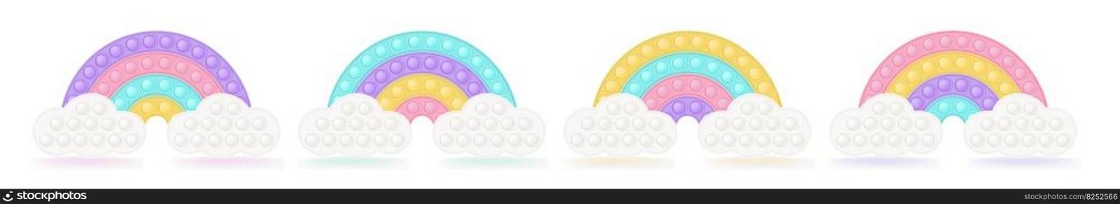 Set of popit rainbows on the clouds as a fashionable silicon fidget toys. Antistress toy for fidget in pastel colors. Bubble sensory popit toy. Vector illustration isolated on a white background. Set of popit rainbows on the clouds as a fashionable silicon fidget toys. Antistress toy for fidget in pastel colors. Bubble sensory popit toy. Vector illustration isolated on a white background.