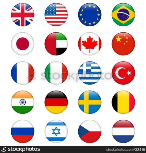 Set of popular country flags. Glossy round vector icon set. Set of popular country flags. Glossy round vector icon set. Vector illustration