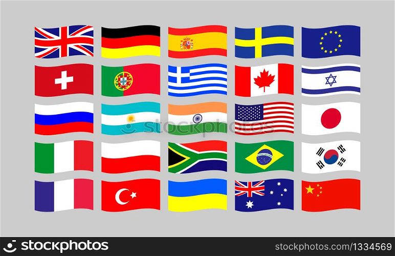 Set of popular European and American country flags waving in the wind isolated on gray background. Vector EPS 10