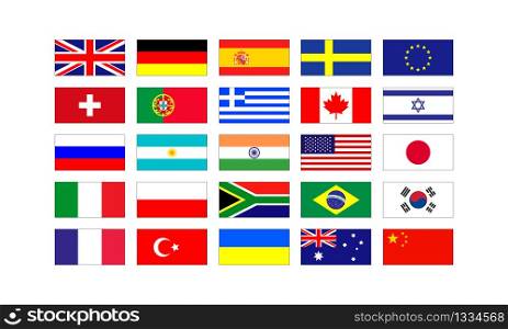 Set of popular flags of the countries of Europe and America isolated on white background. Vector illustration EPS 10