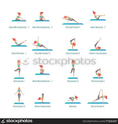Set of poses yoga girls asanas. Vector illustration on isolated white background