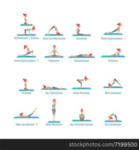Set of poses yoga girls asanas. Vector illustration on isolated white background