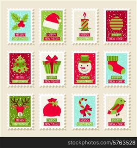 Set of postal stamps with Christmas and New Year symbols.