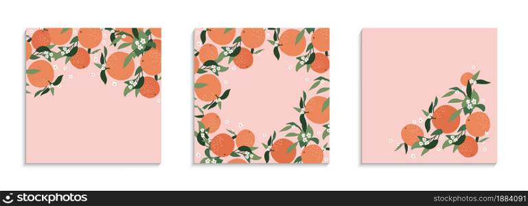 Set of postcard from abstract branches of orange, leaves and color pink background. Nature background vector. Suitable for postcards, backgrounds, stickers, interior decor and other users. Set of postcard from abstract branches of orange, leaves and color pink background. Nature background vector. Suitable for postcards, backgrounds, stickers, interior decor and other users.