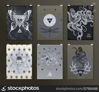 Set of poster, flyer, brochure design templates in gothic style. Symbol, sign for tattoo. Abstract modern backgrounds.