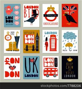 Set of posters and banners with london symbols including architecture, tea, weather, bus, birds isolated vector illustration. London Posters And Banners Set