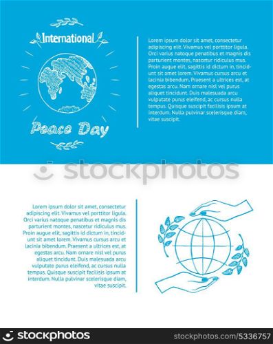 Set of Posters for International Peace Day Vector. International peace day september 21, set of posters with hands holding globe with olive branch and planet sign vector illustration with text