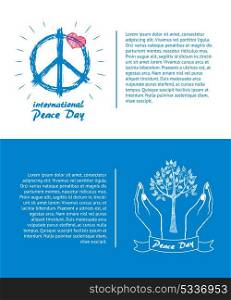 Set of Posters for International Peace Day Vector. International peace day logo with hippie sign, red heart on top of symbol and hand holding tree taking care about plant vector illustration with text