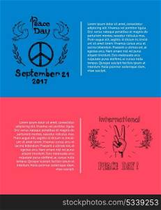 Set of Posters for International Peace Day Vector. International Peace Day logotypes on two posters. On vector illustration flying dove near hippie sign, hand gesture logo surrounded by spikelets