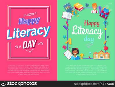 Set of posters for Literacy Day Vector Posters. Happy Literace Day wishes in two different variants. Multicolored vector illustrations are full of doodles and school stuff, set of posters