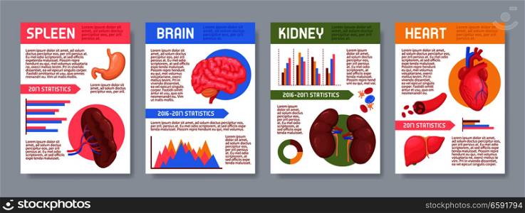 Set of posters with human internal organs including brain, kidneys, heart, spleen, infographic elements isolated vector illustration . Human Internal Organs Posters Set