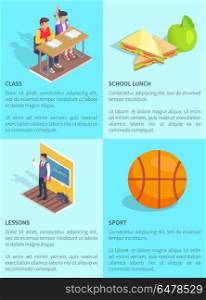 Set of Posters with Inscriptions Devoted to School. Set of posters with inscriptions devoted to school. Isolated vector illustration of interesting lesson, lunch meal and basketball ball on light blue