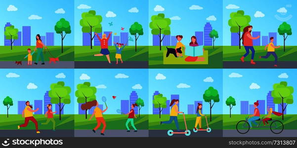 Set of posters with mother and children spending time in summer park on background of skyscrapers, mom and child walk with pet, ride bicycle vector. Set Posters with Mother and Children Spending Time