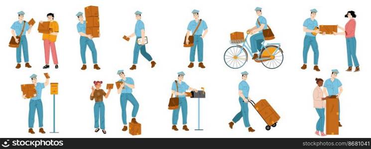 Set of postman characters delivering mail, flat vector illustration on white background. Mailman putting letters in mailbox, carrying parcels, riding bicycle, using trolley to move boxes. Occupation. Set of postman characters delivering mail