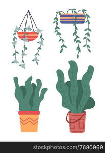 Set of pot with houseplant isolated at white. Vector flowerpot of decorative green plant with long leaves in ceramic pot. Indoor plant concept of domestic greenery. Icon for home interior plant. Decorative set green plant with long leaves in ceramic pot, pot with houseplant. Home interior plant