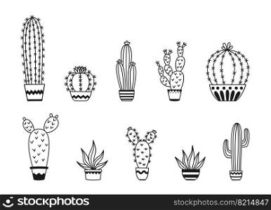 Set of potted cactus and succulent plants Vector outline illustration drawings on a white background