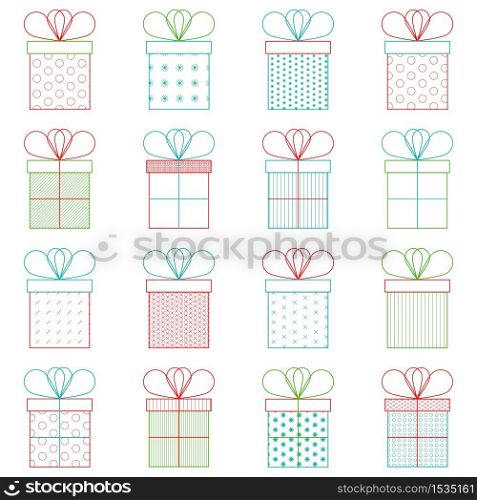 Set of present or gift boxes. Outline vector icon. Bright colors. Celebration concept. Seamless pattern. Set of present or gift boxes. Outline vector icon. 3d effect.