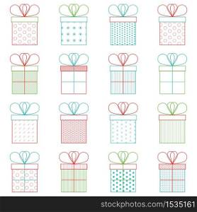 Set of present or gift boxes. Outline vector icon. Bright colors. Celebration concept. Seamless pattern. Set of present or gift boxes. Outline vector icon. 3d effect.
