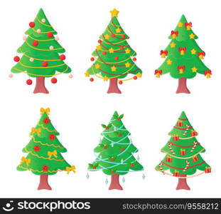 Set of pretty christmas trees decorated balls and garlands in cartoon style. Set of pretty christmas trees decorated balls and garlands in cartoon style.