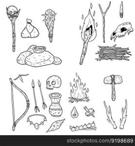 Set of primitive man items. Hut made of skins and bo≠s, bow and arrow, sto≠hammer and axe, skull of man. Deer horn and fire. Drawn Sketch cartoon illustration. Set of primitive man items.