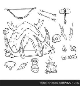 Set of primitive man items. Hut made of skins and bones, bow and arrow, stone hammer and axe, skull of man. Deer horn and fire. Drawn Sketch cartoon illustration. Set of primitive man items.
