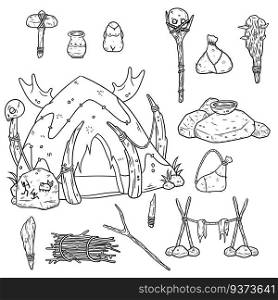 Set of primitive man’s items. Hut made of skins and bones, hunting club, stone hammer, shaman staff. Cooking raw meat. Drawn Sketch cartoon illustration. Set of items of primitive man and hunter