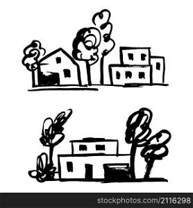 Set of private houses, hand drawn, vector illustration