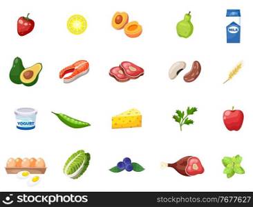 Set of products for cooking dishes healthy natural food from wholesome components vegetables, dairy products, fish and meat, fruits, eggs, beans, meat, fish. Diet food ingredients on white background. Set of products for cooking dishes healthy natural food from wholesome ingredients on white