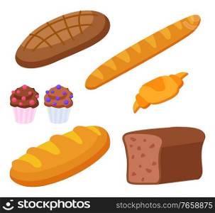 Set of products made of flour. Isolated baguette and croissant, french cuisine food. Rye bread and cupcakes with decorative topping. Dietary meal assortment of bakery. Flat style vector illustration. Bakery Products Baguette and Rye Bread with Cakes