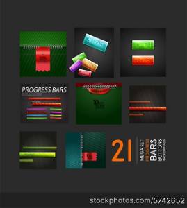 Set of progress bars buttons and backgrounds. 21 business and technology design elements