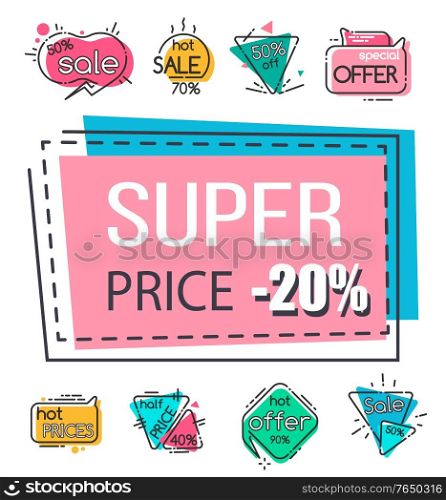 Set of promo banners for announcement of clearance of special season discounts. Proposition of store or shops. Exclusive offers a market. Super price 20 percent off cost, vector in flat style. Super Price 20 Percent Off Price Reduction Set