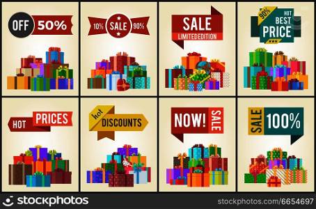 Set of promo posters with advertisement stickers informing about discounts and piles of present boxes full of surprises vector isolated on white. Set of Promo Posters Advertisement Stickers Info