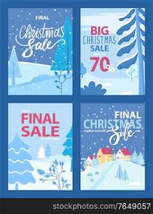 Set of promotional banners for christmas and new year winter holidays celebration. 70 Percent off price, woodland with trees and snowflakes. Village with buildings on hill. Vector in flat style. Final Christmas Sale Promo Posters Collection