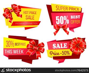 Set of promotional banners with ribbon bows. Isolated premium promotion, 30 percent reduction at store. Proposals and sales at market. Half cost lowering on goods and products. Vector in flat. Super Price Sale 30 Percent Off, Promo Banner Set