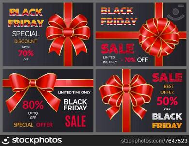 Set of promotional posters for black friday discounts announcement. 50 and 80 percent off price. Reduction in cost for shoppers in store and markets. Decorative ribbon bow on banners. Vector in flat. Black Friday Special Offers and Discounts Set