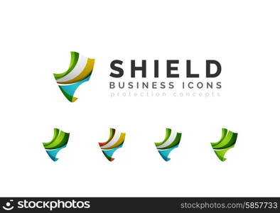 Set of protection shield logo concepts. Set of protection shield logo concepts. Color flowing wave design icons on white