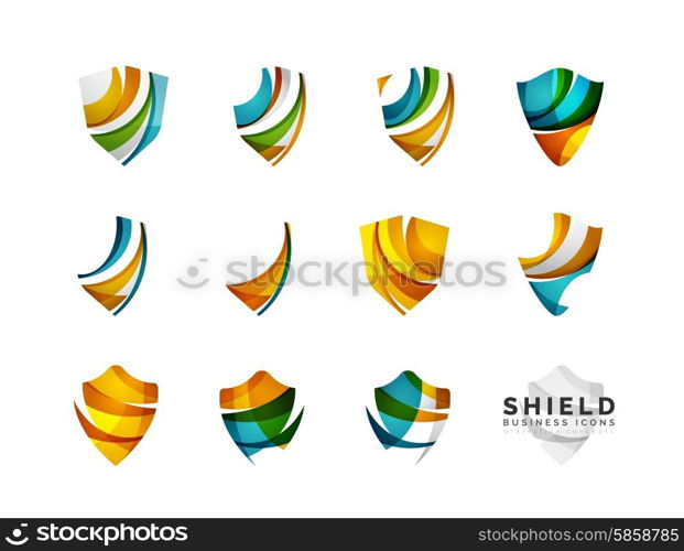 Set of protection shield logo concepts. Set of protection shield logo concepts. Color flowing wave design icons on white